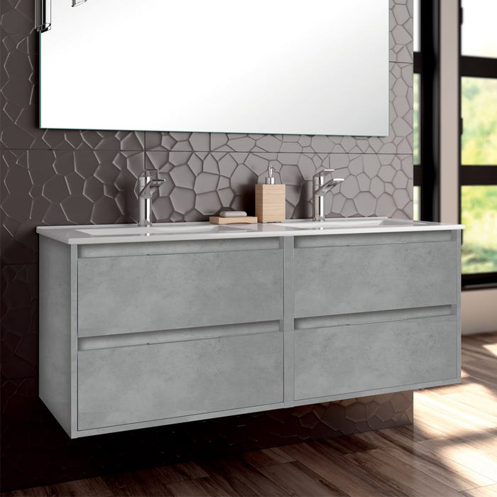 Meuble de salle de bain 120cm double vasque - 4 tiroirs - sans miroir - IRIS - ciment (gris)