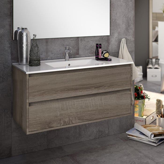 Meuble de salle de bain 100cm simple vasque - 2 tiroirs - sans miroir - IRIS - britannia (chêne foncé)