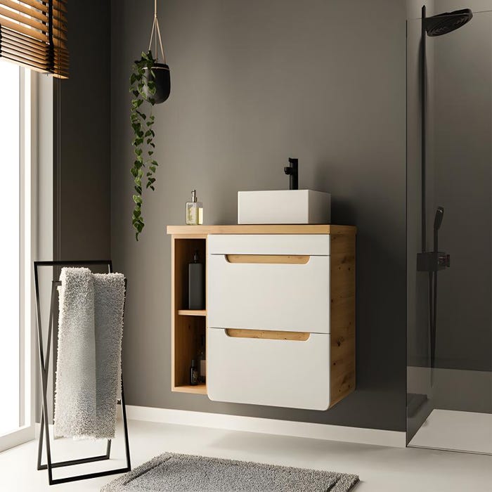 Meuble de salle de bain suspendu simple vasque et niches - Coloris naturel et blanc - 80 cm - ARUBA