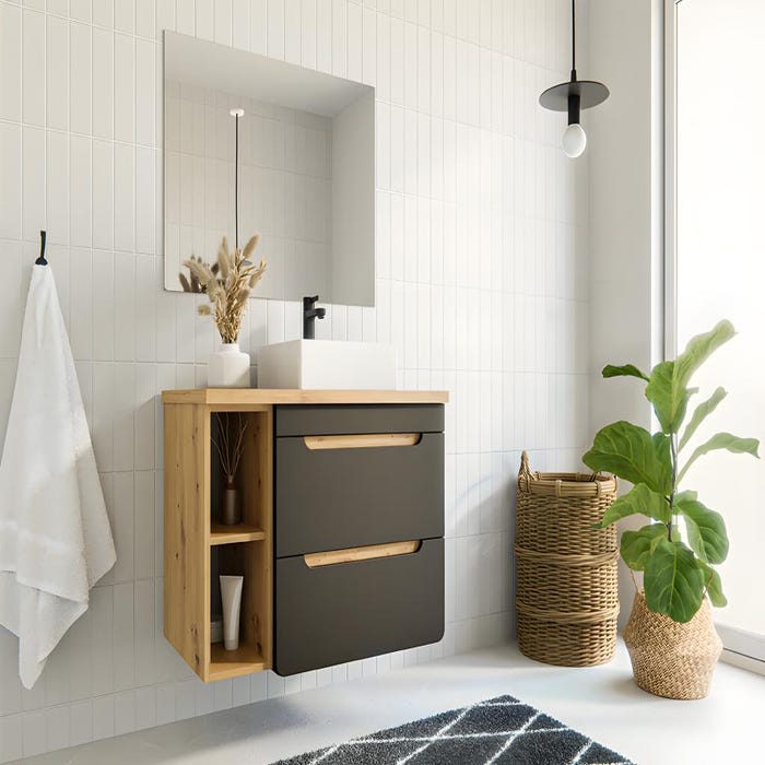 Meuble de salle de bain suspendu simple vasque et niches - Coloris naturel et anthracite - 80 cm - ARUBA