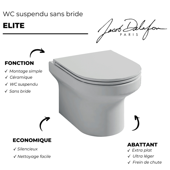 Pack WC suspendu Jacob Delafon sans bride Elite abattant extraplat + Bâti support Grohe RapidSL + plaque chromé + Porte-balai