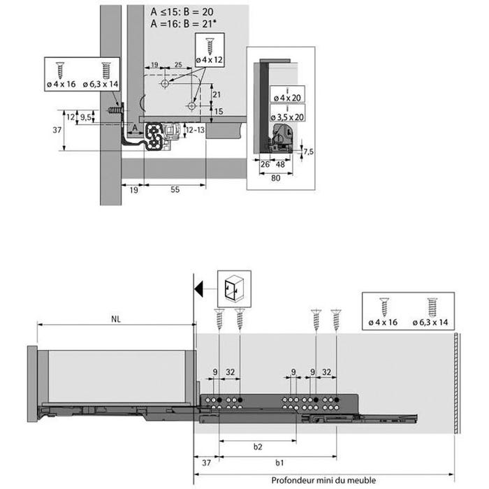 Coulisses bois quadro 4d push to open - Profondeur intérieur de caisson mini : 493 mm - Longueur : 480 mm - HETTICH