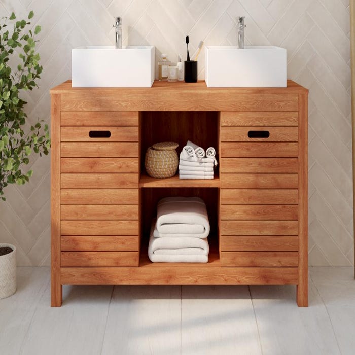 Meuble de salle de bain en bois d'acacia avec double vasque - 130 cm - PULUKAN