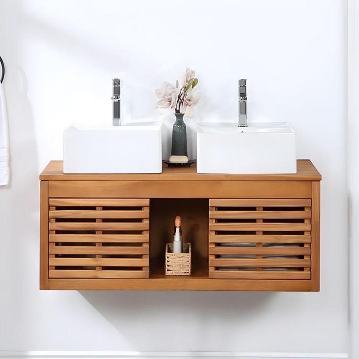 Meuble de salle de bain suspendu en bois d'acacia avec double vasque - 130 cm - PENEBEL