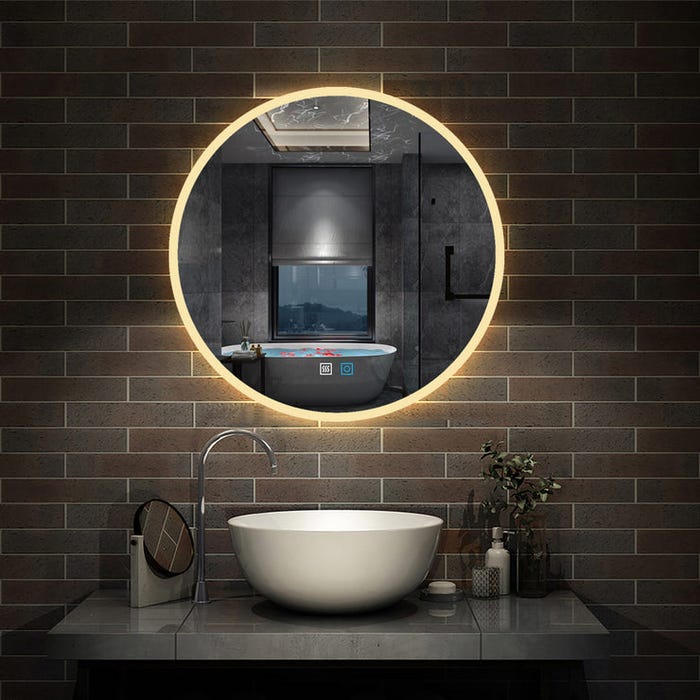 3 couleurs Miroir rond de Salle de Bain avec Anti-buée + LED 3000/4500/6000K avec lumière et luminosité réglables ∅70cm double interrupteur tactile