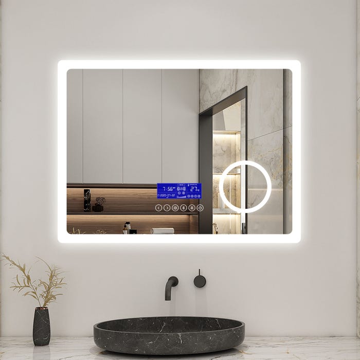 AICA Miroir tactile avec bluetooth LED 100*60cm, 3 couleurs changeable antibuée avec un miroir grossissant intégré avec lumière
