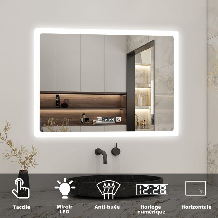 AICA Miroir LED de salle de bain rectangle horizontal anti-buée avec horloge, lumière blanc pur