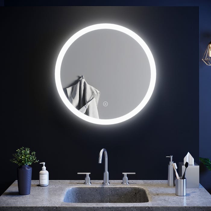 SIRHONA Miroir Rond Salle de bain LED 60x60cm Miroir de Maquillage Tactile, antipoussière et Anti-buée, lumière Blanche