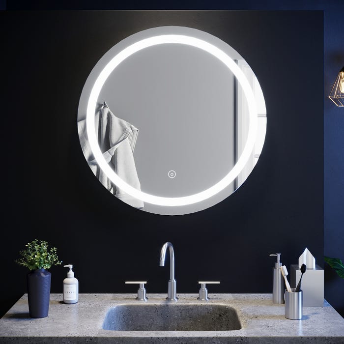 SIRHONA Miroir Rond Salle de Bain Lumineuse LED 70x70cm Tactile Miroir de Maquillage, antipoussière et Anti-buée, lumière Blanche