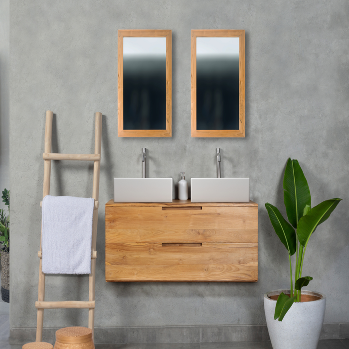Meuble de salle de bain suspendu en teck clair avec double vasque et miroirs - 2 tiroirs - 115 cm - BIMBING