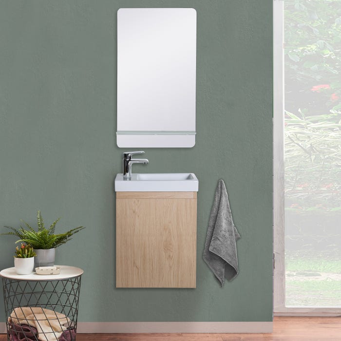 Meuble lave-mains LISA décor chêne + miroir rectangulaire