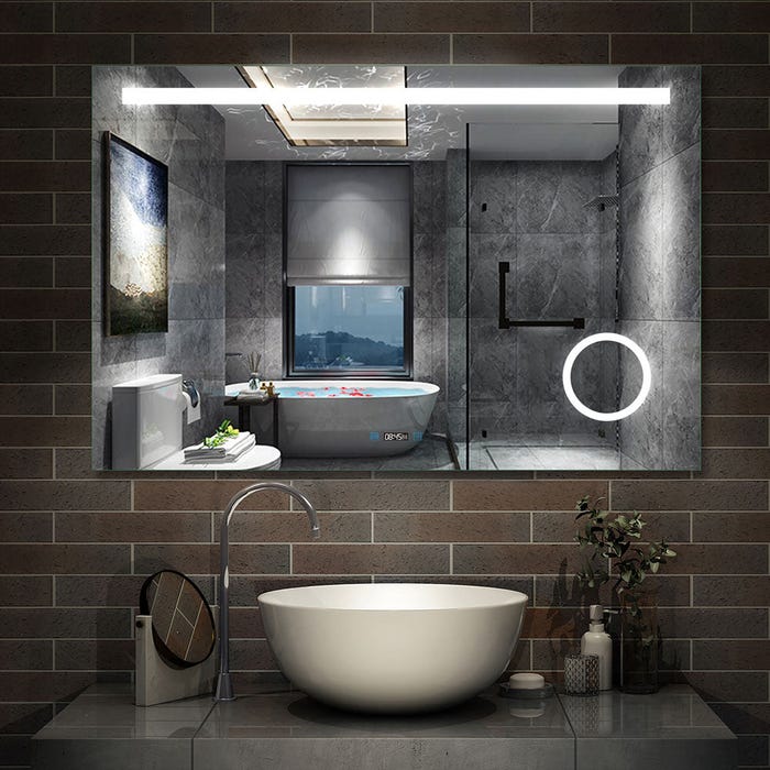 Miroir Salle de Bain Anti-buée LED de 80 x 60 cm avec Horloge, Grossisant 3X