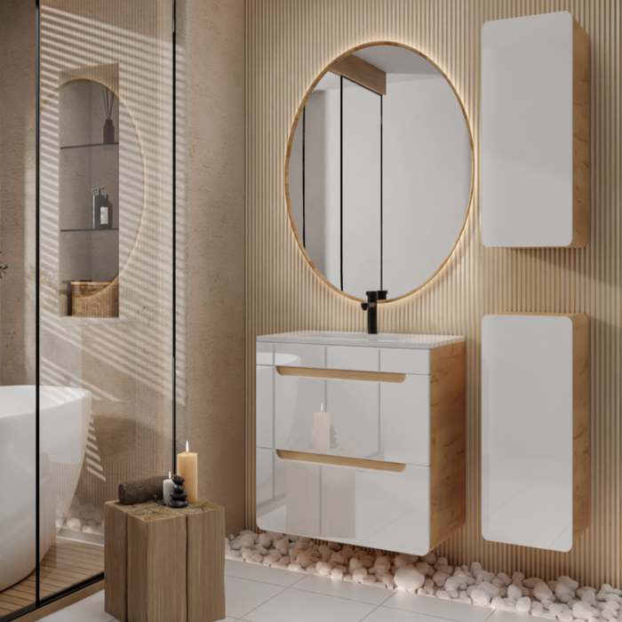 Meuble de salle de bain suspendu avec vasque à encastrer et deux colonnes - 80 cm - Coloris naturel et blanc - ARUBA