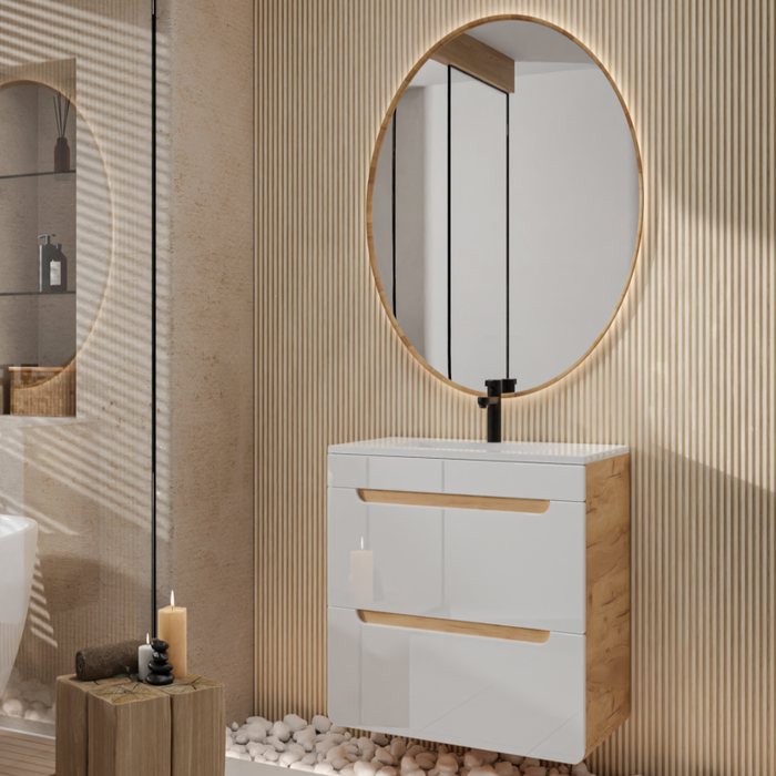 Meuble de salle de bain suspendu avec vasque à encastrer - Coloris naturel et blanc - 80 cm - ARUBA