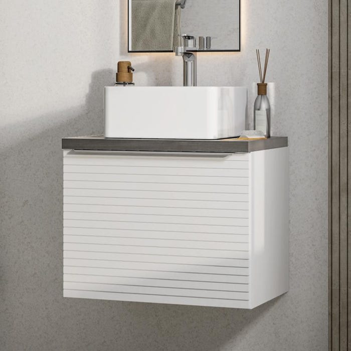 Meuble de salle de bain suspendu strié blanc avec simple vasque à poser - 60 cm - LATOMA