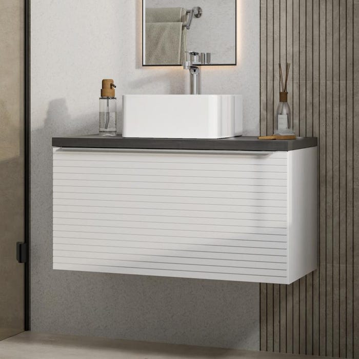 Meuble de salle de bain suspendu strié blanc avec simple vasque à poser - 90 cm - LATOMA