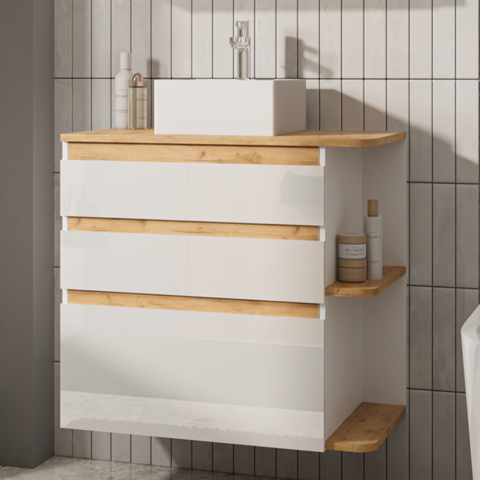 Meuble de salle de bain suspendu simple vasque - Coloris naturel clair et blanc - 94 cm - ANIDA
