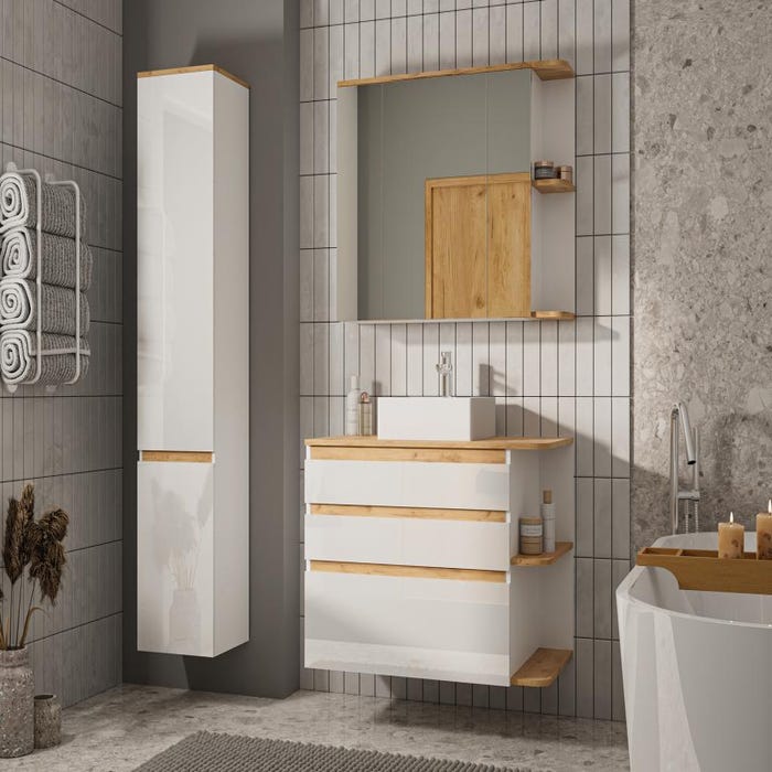 Meuble de salle de bain suspendu bois et blanc avec simple vasque, colonne et armoire de toilette - 94 cm - ANIDA