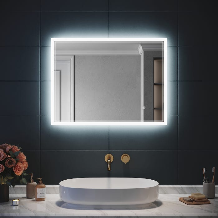 SIRHONA Miroir LED Salle de Bain avec éclairage, Miroir Lumineux Salle de Bain Anti-buée,80x60cm