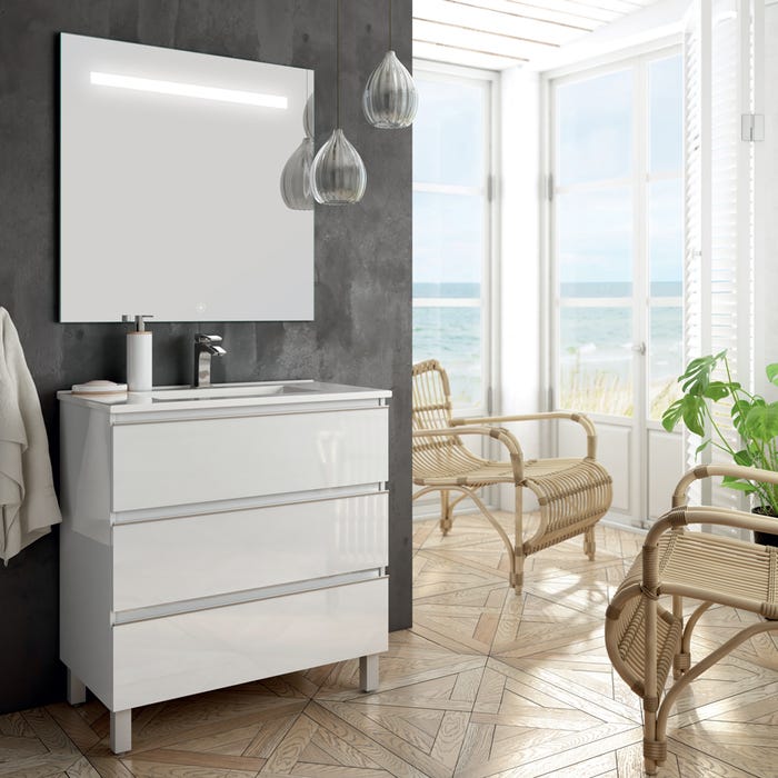 Meuble de salle de bain simple vasque - 3 tiroirs - PALMA et miroir Led STAM - blanc - 70cm
