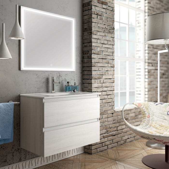 Meuble de salle de bain simple vasque - 2 tiroirs - BALEA et miroir Led VELDI - hibernian (bois blanchi) - 70cm