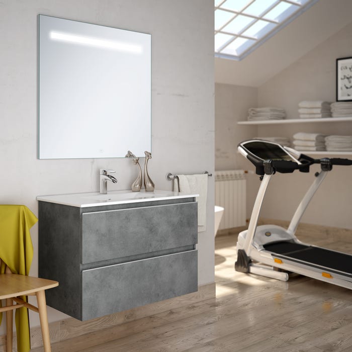 Meuble de salle de bain simple vasque - 2 tiroirs - BALEA et miroir Led STAM - ciment (gris) - 80cm