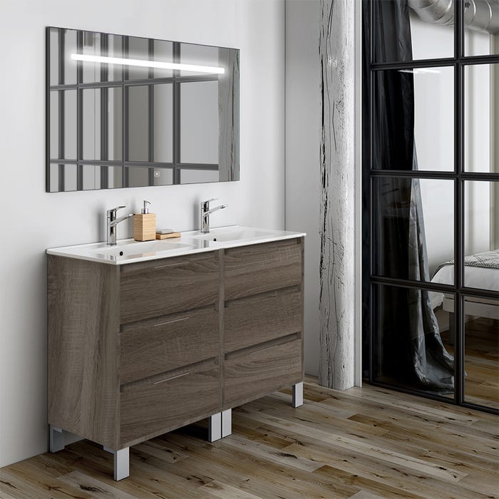 Meuble de salle de bain double vasque - 6 tiroirs - TIRIS 3C et miroir Led STAM - britannia (chêne foncé) - 120cm