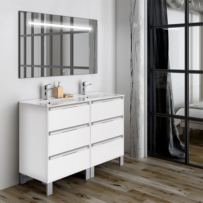 Meuble de salle de bain double vasque - 6 tiroirs - TIRIS 3C et miroir Led STAM - blanc - 120cm
