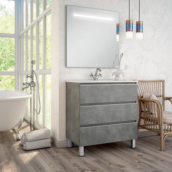 Meuble de salle de bain simple vasque - 3 tiroirs - PALMA et miroir Led STAM - ciment (gris) - 100cm