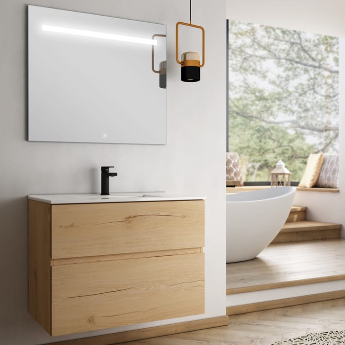 Meuble de salle de bain simple vasque - 2 tiroirs - MIG et miroir Led STAM - roble (chêne clair) - 70cm