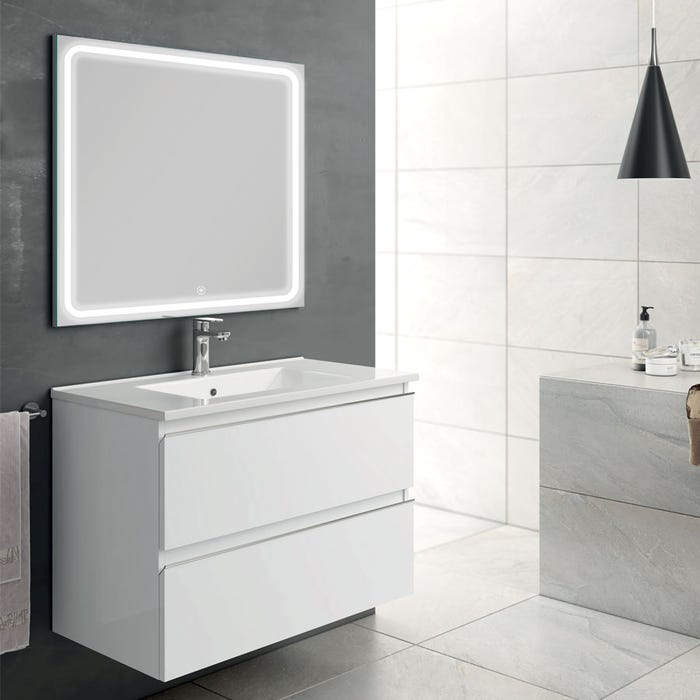 Meuble de salle de bain simple vasque - 2 tiroirs - BALEA et miroir Led VELDI - blanc - 70cm
