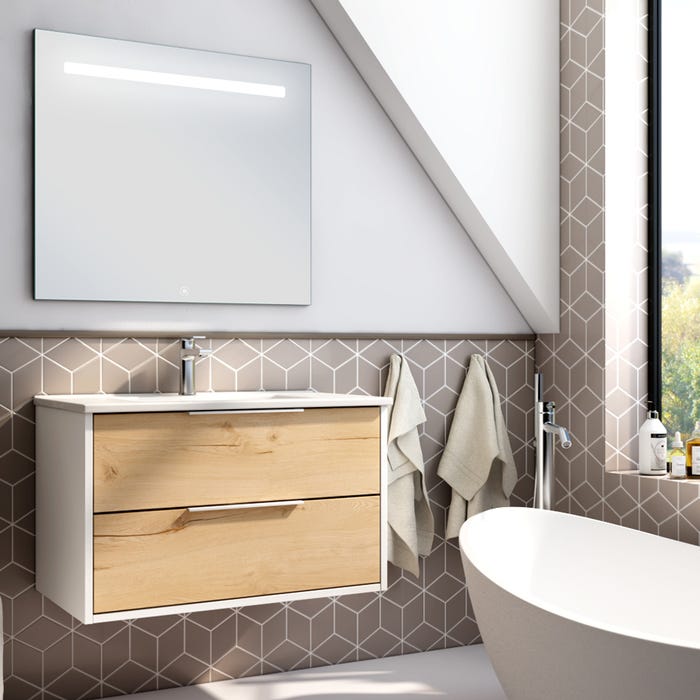 Meuble de salle de bain simple vasque - 2 tiroirs - ALBA et miroir STAM - blanc-Chêne - 80cm