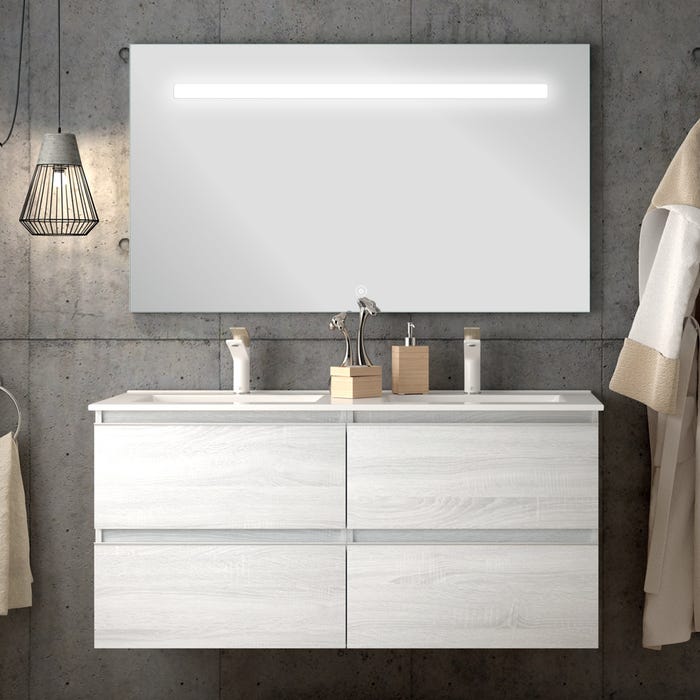 Meuble de salle de bain simple vasque - 4 tiroirs - BALEA et miroir Led STAM - hibernian (bois blanchi) - 120cm