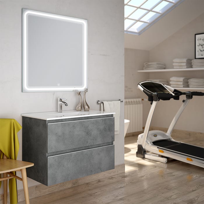 Meuble de salle de bain simple vasque - 2 tiroirs - BALEA et miroir Led VELDI - ciment (gris) - 60cm
