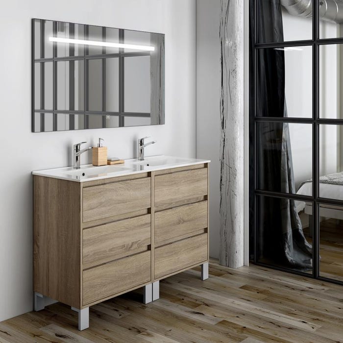 Meuble de salle de bain double vasque - 6 tiroirs - TIRIS 3C et miroir Led STAM - cambrian (chêne) - 120cm