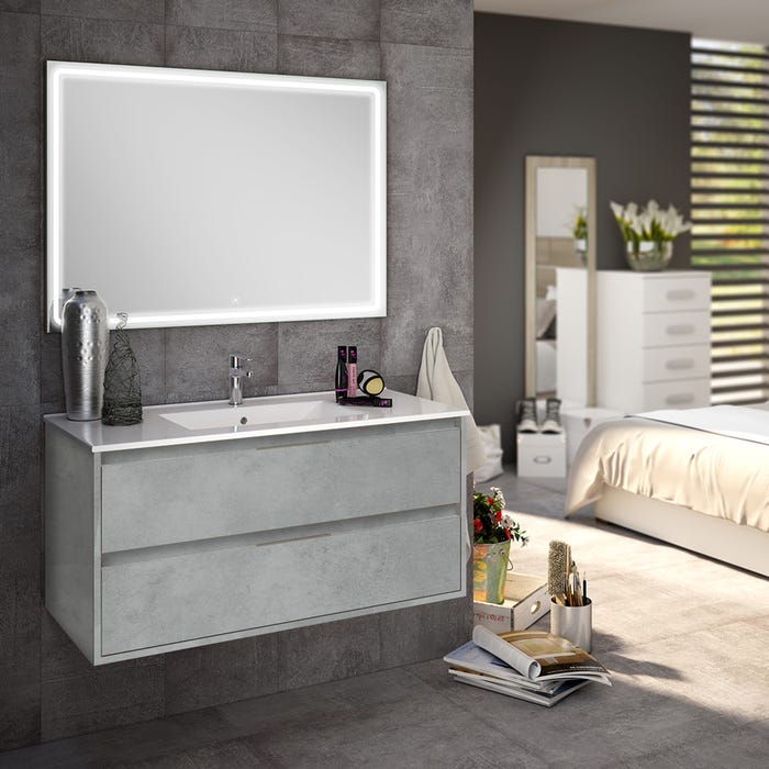 Meuble de salle de bain simple vasque - 2 tiroirs - IRIS et miroir Led VELDI - ciment (gris) - 100cm