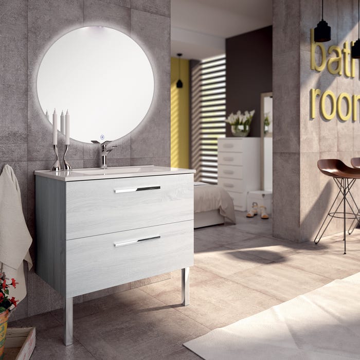 Meuble de salle de bain simple vasque - 2 tiroirs - CINTO et miroir rond led SOLEN - hibernian (bois blanchi) - 80cm