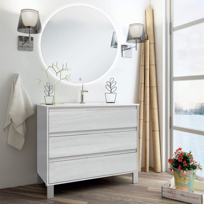 Meuble de salle de bain simple vasque - 3 tiroirs - TIRIS 3C et miroir rond Led SOLEN - hibernian (bois blanchi) - 80cm