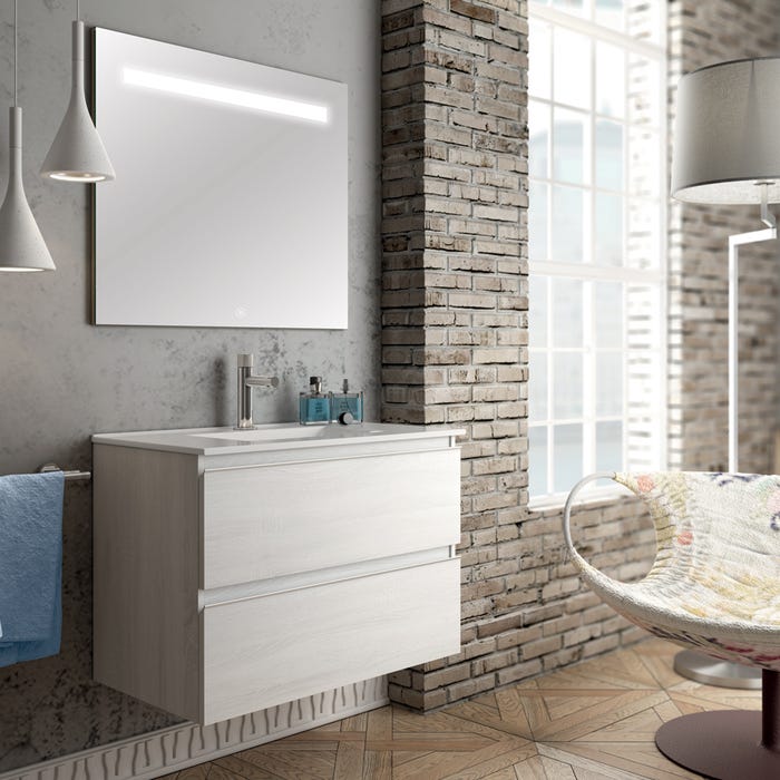 Meuble de salle de bain simple vasque - 2 tiroirs - BALEA et miroir Led STAM - hibernian (bois blanchi) - 100cm