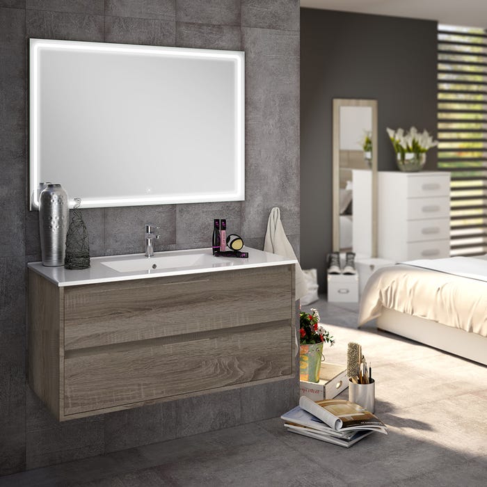 Meuble de salle de bain simple vasque - 2 tiroirs - IRIS et miroir Led VELDI - britannia (chêne foncé) - 80cm