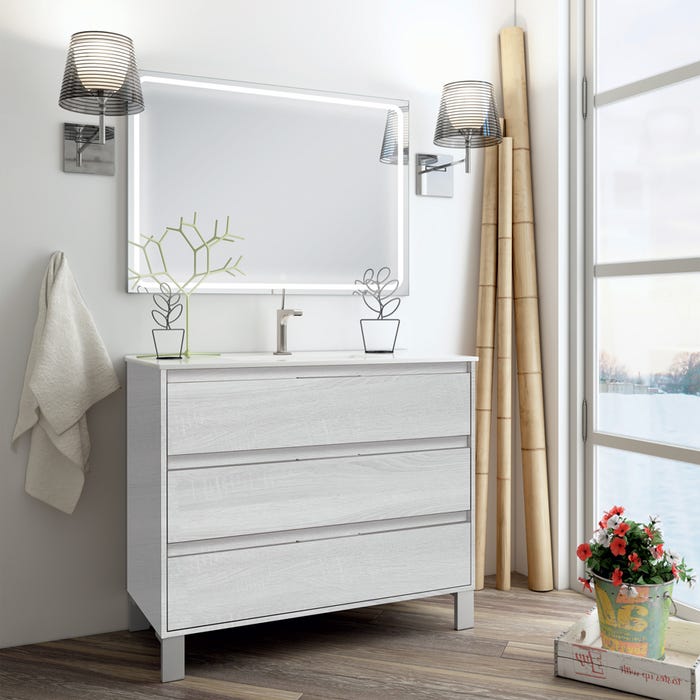 Meuble de salle de bain simple vasque - 3 tiroirs - TIRIS 3C et miroir Led VELDI - hibernian (bois blanchi) - 100cm