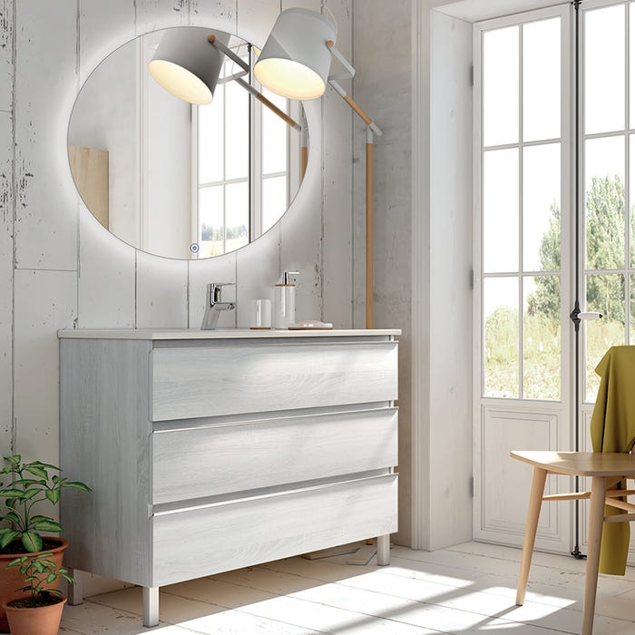 Meuble de salle de bain simple vasque - 3 tiroirs - PALMA et miroir rond Led SOLEN - hibernian (bois blanchi) - 80cm