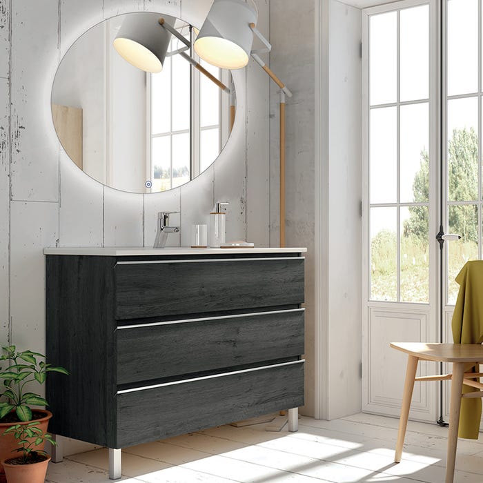 Meuble de salle de bain simple vasque - 3 tiroirs - PALMA et miroir rond Led SOLEN - ebony (bois noir) - 80cm