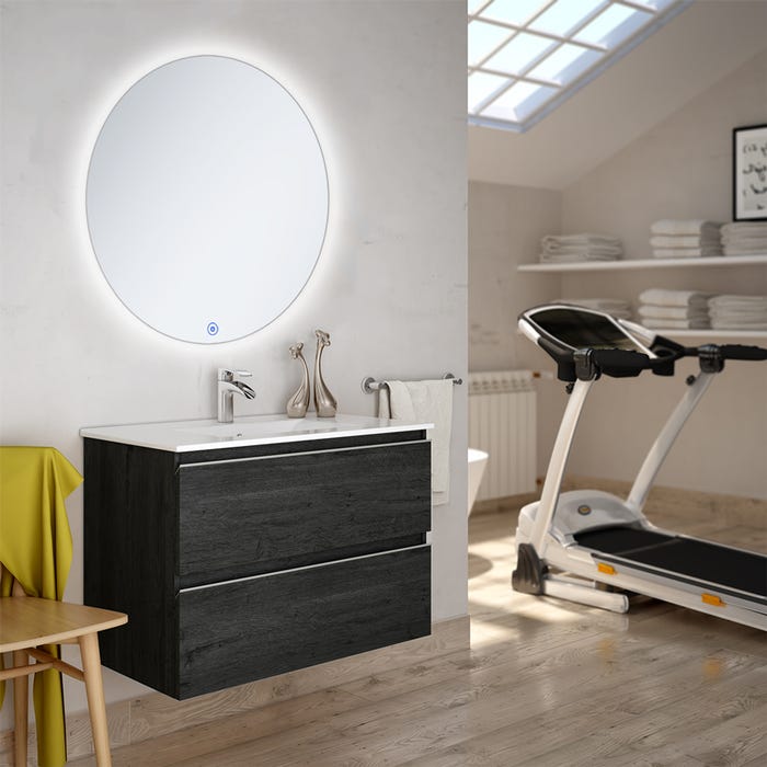 Meuble de salle de bain simple vasque - 2 tiroirs - BALEA et miroir rond Led SOLEN - ebony (bois noir) - 80cm