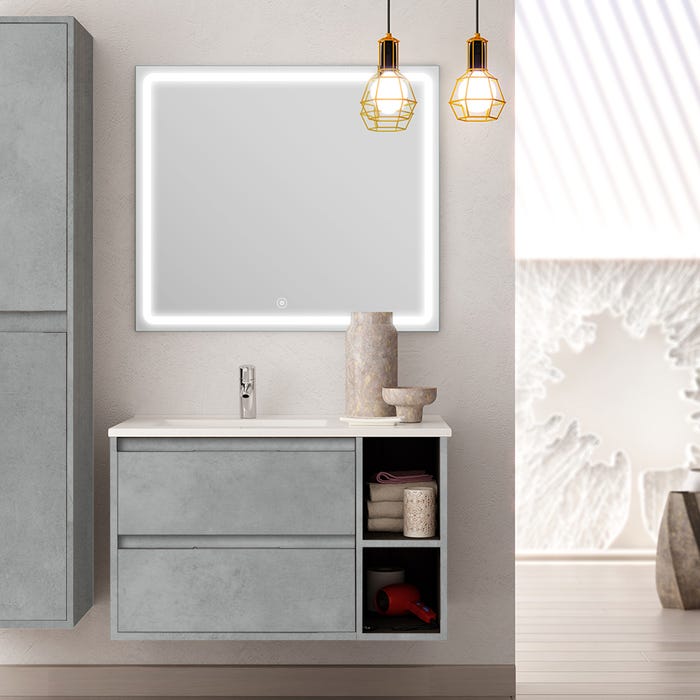 Meuble de salle de bain vasque déportée 2 tiroirs OLYMPE et miroir Led VELDI - ciment (gris) - 80cm