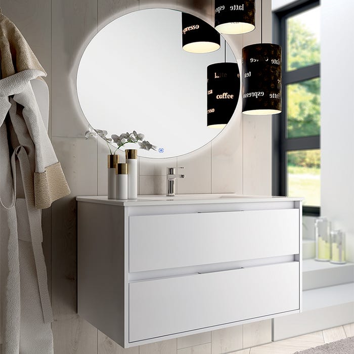 Meuble de salle de bain simple vasque - 2 tiroirs - IRIS et miroir rond Led SOLEN - blanc - 80cm