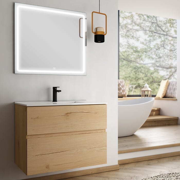Meuble de salle de bain simple vasque - 2 tiroirs - MIG et miroir Led VELDI - roble (chêne clair) - 80cm