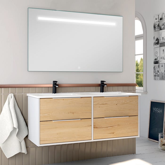 Meuble de salle de bain double vasque - 4 tiroirs - ALBA et miroir Led STAM - blanc-Chêne - 120cm