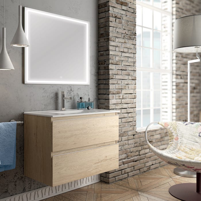 Meuble de salle de bain simple vasque - 2 tiroirs - BALEA et miroir Led VELDI - bambou (chêne clair) - 60cm