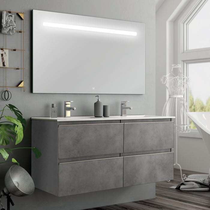Meuble de salle de bain simple vasque - 4 tiroirs - BALEA et miroir Led STAM - ciment (gris) - 120cm